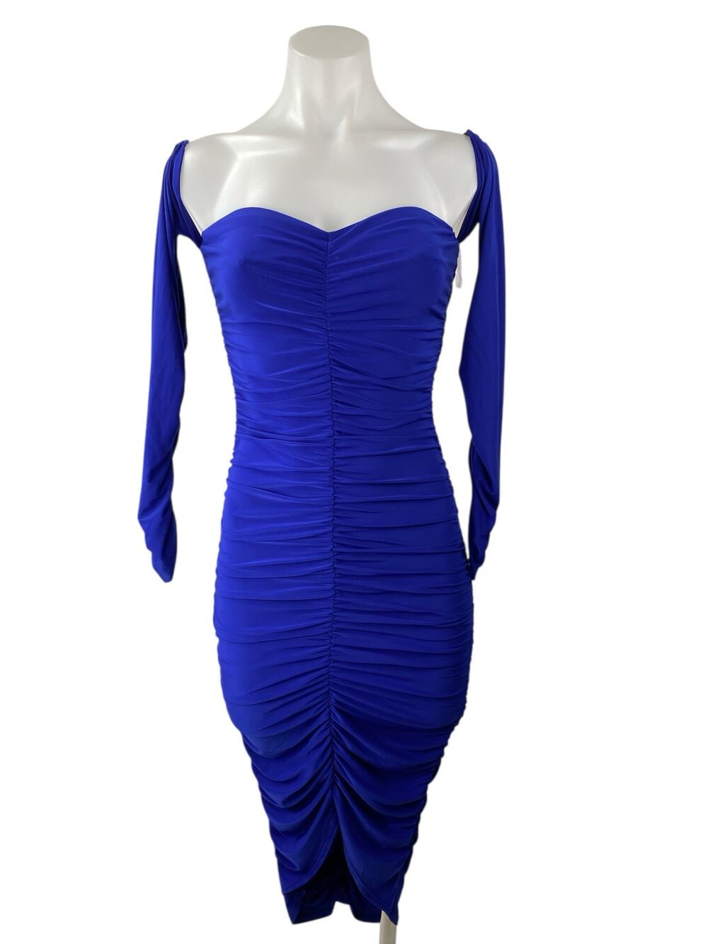 Sabora Blue Ruched Long Sleeve Off Shoulder Sweetheart Neck Midi Bodycon Dress S
